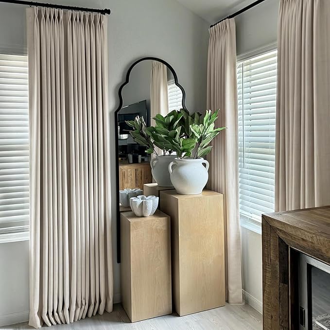 Pinch Pleated Full Blackout Faux Linen Curtains 102 Inches Long | Oatmeal - Image 4
