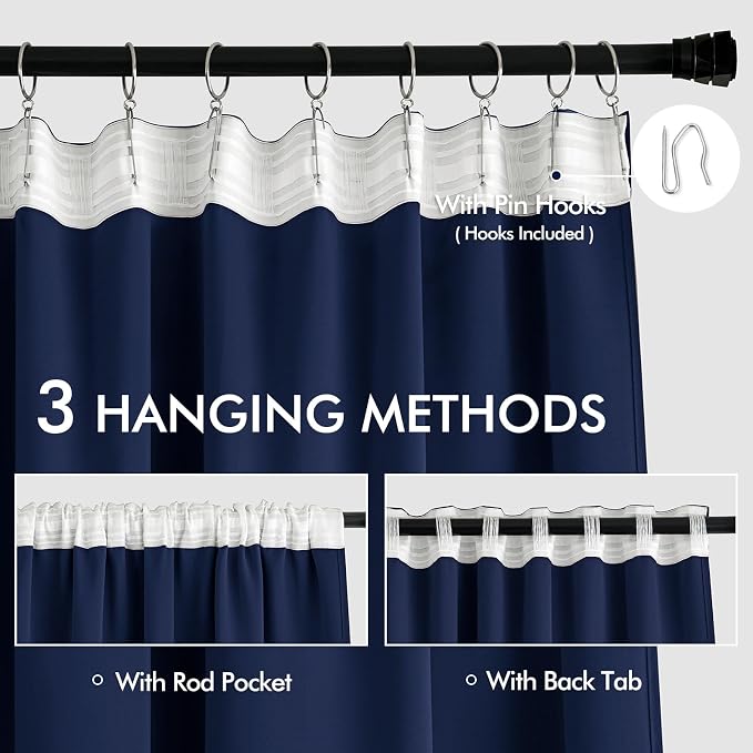 MIULEE Navy Blue Back Tab Blackout Curtains 52x102 Inch Long 2 Panels Set | Rod - Image 3