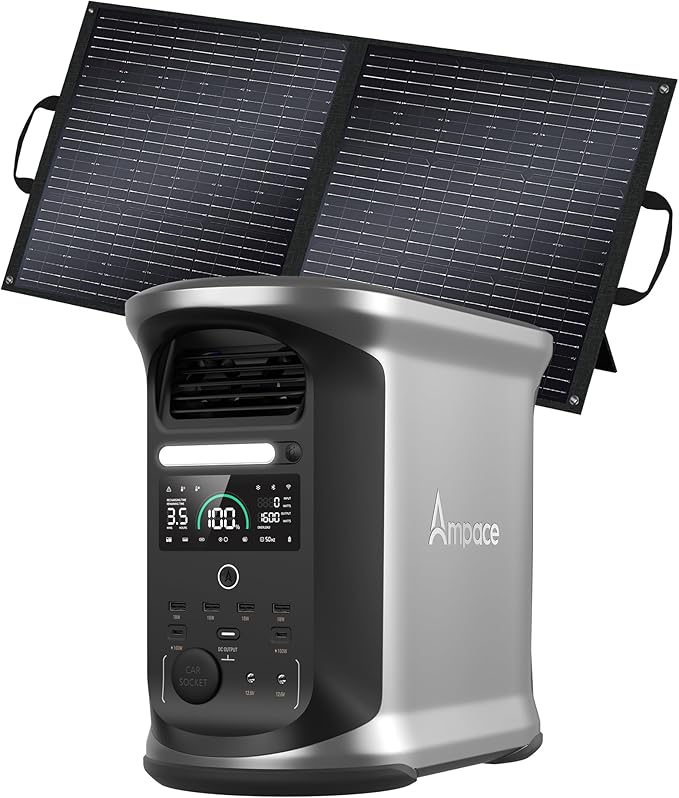 AMPACE Andes 1500 Power Station with 100W Solar Panel, 2400W/1462Wh Solar Generator with 4 AC Outlets, 1H Full Charging, APP Control Emergency Power Station for Home, Camping & RVs