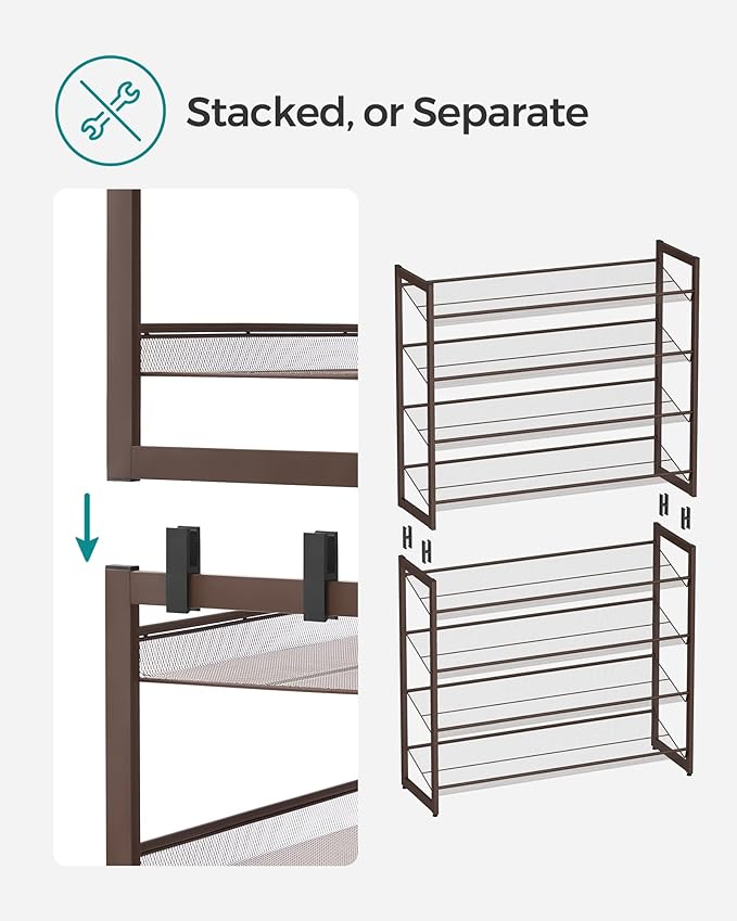 SONGMICS Shoe Rack, 8-Tier Shoe Organizer, Metal Rack for Garage, Set of 2, 4-Tier Stackable Shelf, with Adjustable Flat or Angled Shelves, 32-40 Pairs, Bronze ULMR08A