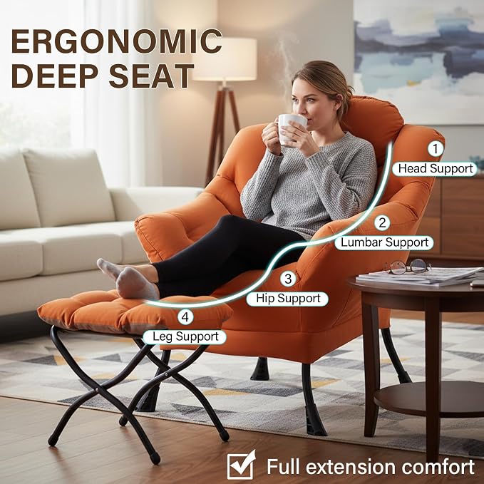 Welnow Lazy Chair with Ottoman, Reading Chair with Footrest，Orange | A Side - Image 5