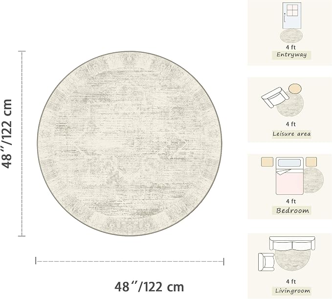 Latte&Fog 4ft Round Area Rug forBedroom Washable Circle Neutral Ivory Rug | Non - Image 2
