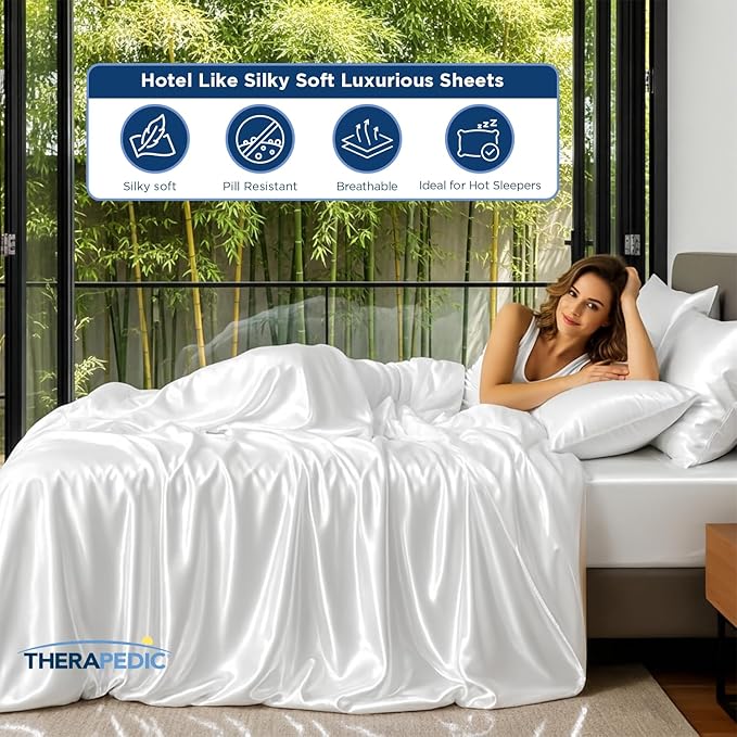 Therapedic 1000TC Queen 6-Piece Sheet Set - 100% Organic Rayon Derived from Bamboo Blend with Cooling Fiber, Ideal for Hot Sleepers - 16" Deep Pocket Fitted Sheet, Bonus Pillowcases - Light Grey