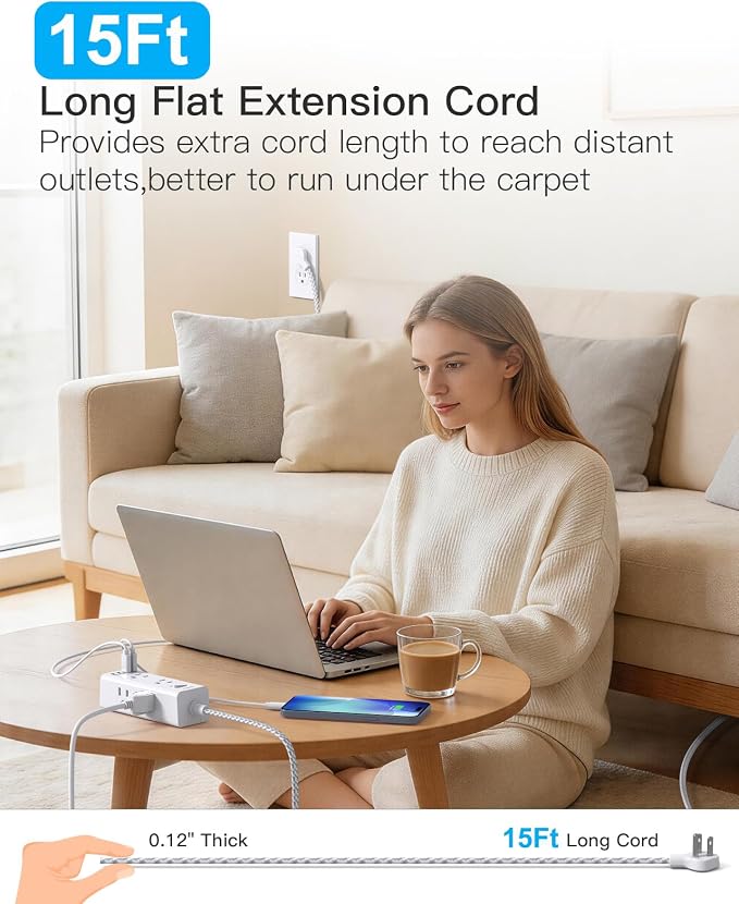 Flat Plug Extension Cord 15Ft, One Beat Surge Protector Power Strip 15 Ft Cord - Image 2