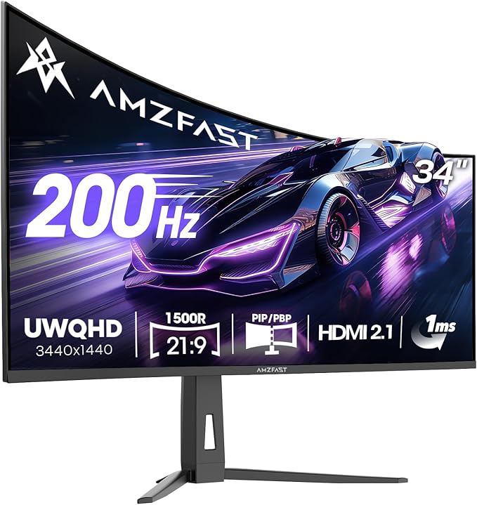 Amzfast 34 Inch 200Hz UltraWide Curved WQHD 3440x1440 Gaming Monitor, 1ms G-SYNC Compatible, 1500R, PIP/PBP, 131% sRGB, 96% DCI-P3, Height Adjustable,TÜV Rheinland, HDMI 2.1 x 2 & DP 1.4 x 1, AMZG34C8
