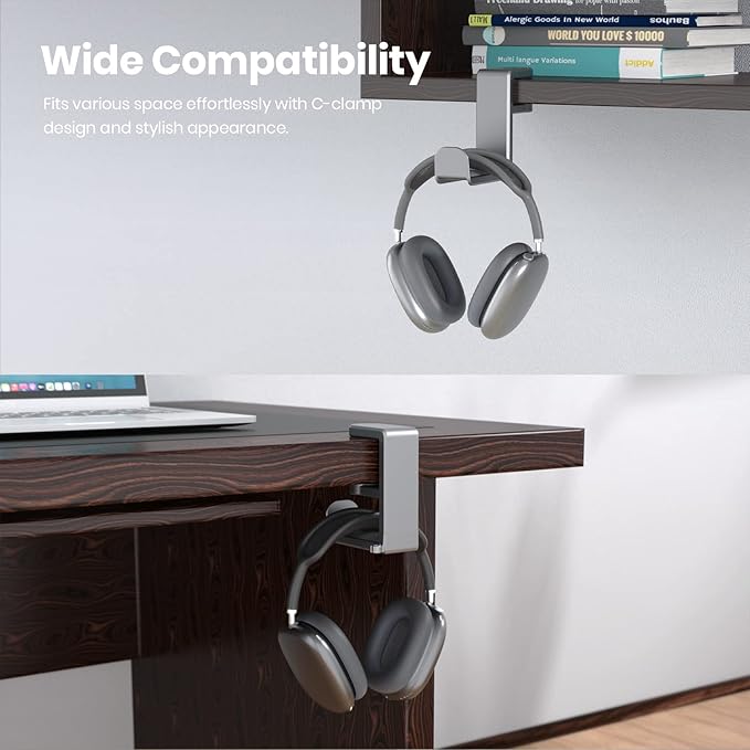 Rotating Headphone Stand - EURPMASK PC Gaming Headset Stand, Adjustable Clamp-on Headphones Holder, Earphone Hanger Hook Under Desk with 360 Degree Swivel&Cable Clip Organizer - Space Grey
