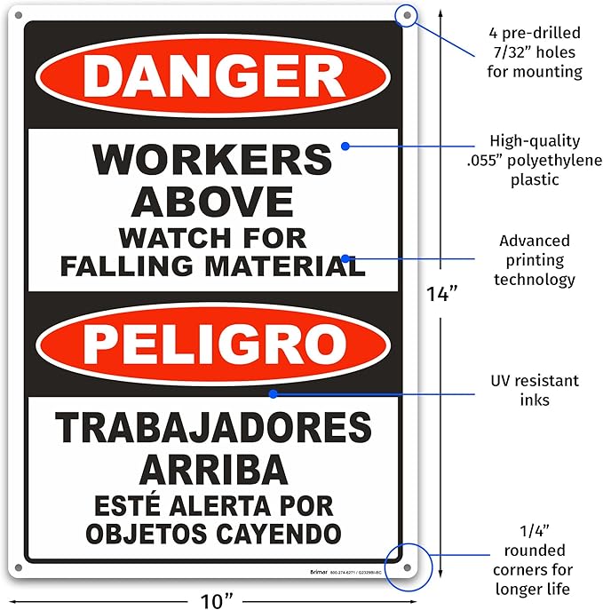Brimar - 10" x 14" - Bilingual Workers Above Watch For Falling Material Sign - .055″ Polyethylene Plastic - Bold Text And Symbol - Easy Installation