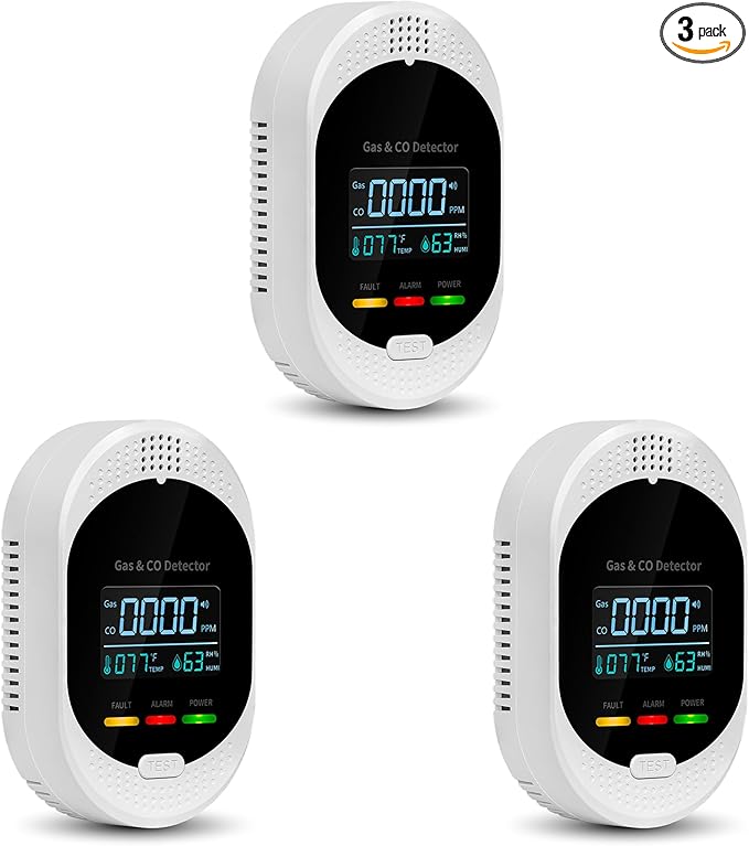 3PCS 4-in-1 Carbon Monoxide & Natural Gas Detectors with Temperature/Humidity LCD Display, Plug in Co Leak Detector Propane Monitor for Home Travel RV Essentials, Sound Alarm Over 85dB