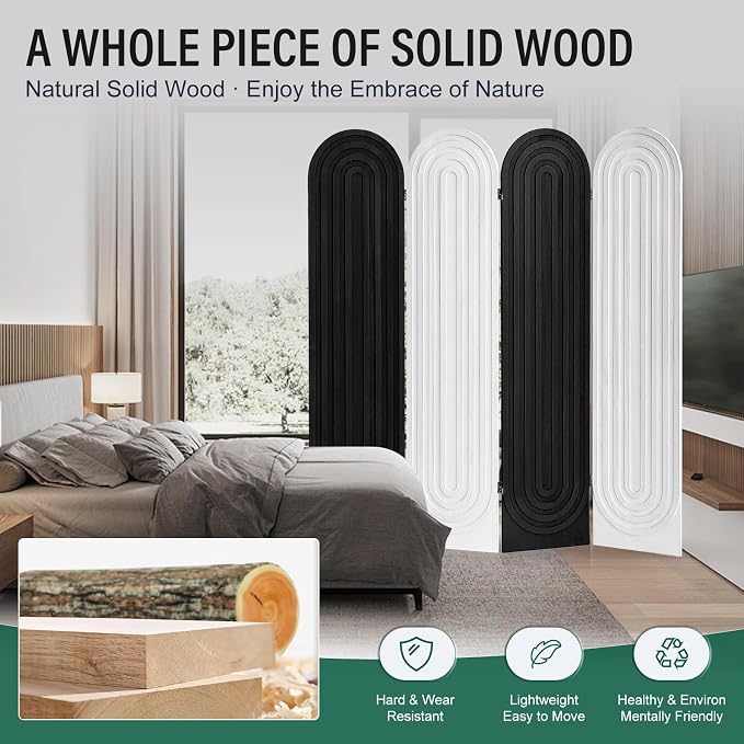 Wood Room Divider and Folding Privacy Screen 4 Panel White Black | Arched Room - Image 4
