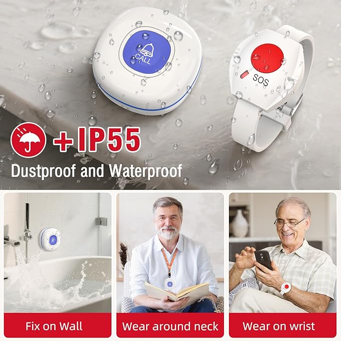 CallToU Caregiver Pager Wireless Call Buttons for Elderly Monitoring Portable Call Bell with 2 Panic Button and 1 USB Receiver,500ft Range Nurse Alert System for Home Care Seniors (FCC Certified)