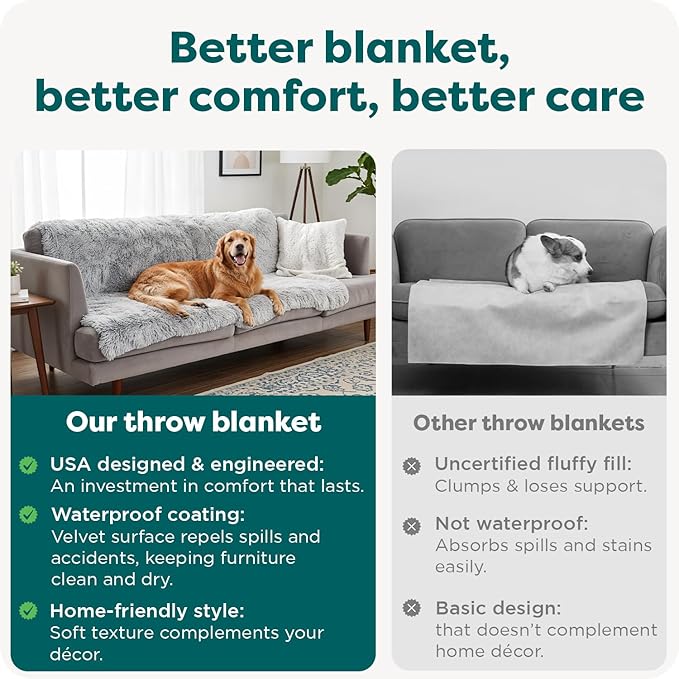 FurHaven Waterproof Throw Blanket For Dogs & Indoor Cats, Reversible Protective Pet Blanket, Extra Large, Long Faux Fur & Velvet, Mist Gray