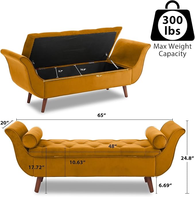 65" Velvet End of Bed Bench, Upholstered Seat - Image 2