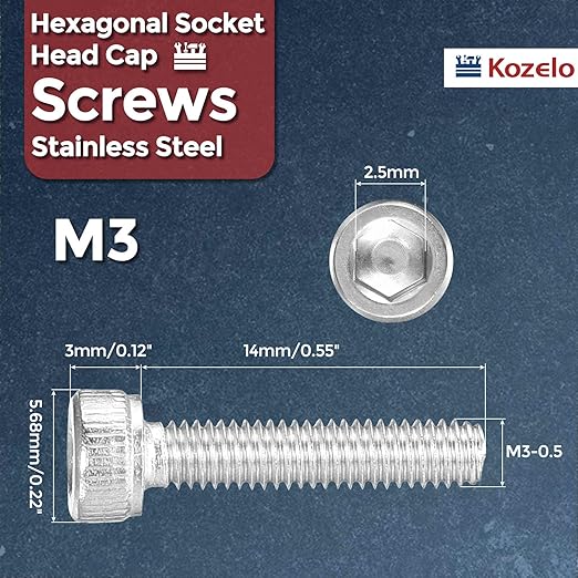 Kozelo 100pcs Socket Head Cap Screws - [M3-0.5 x 14mm] 304 Stainless Steel Allen Socket Drive for Electrical Motor 3D Printing Fan Engine Replacement Use, Silver