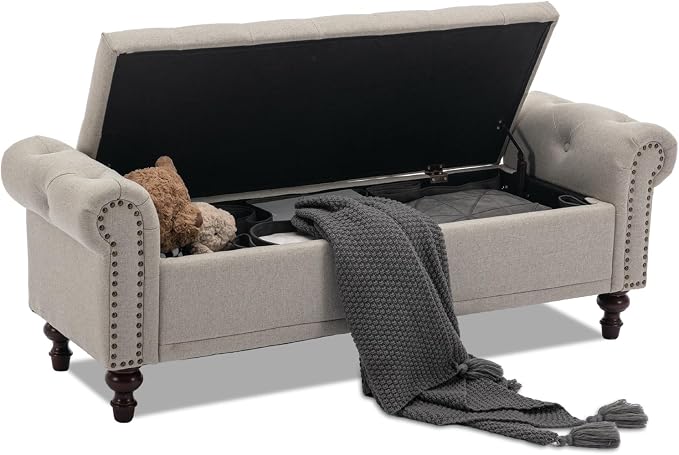 SOFTHION 58.1" Storage Bench for Bedroom, Linen Upholstered, Light Brown | End by SofthionDesign