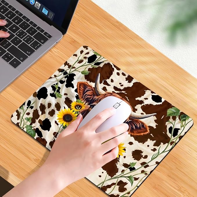 Western Highland Cow Sunflowers and Cowhide Brown Square Mouse pad, Texture, Waterproof, Anti Slip Rubber Base, Computer Mouse pad