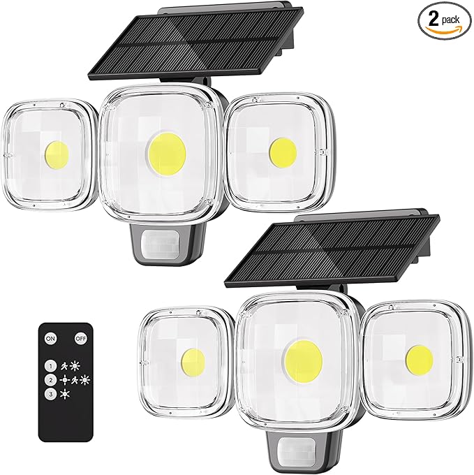 ESLIGHTION Solar Motion Sensor Outdoor Lights, 3 Modes LED Security Flood Light with Remote Control, IP65 Waterproof Solar Powered Outside Wall Light for Garden Patio Garage Yard (Black, 2 Pack)