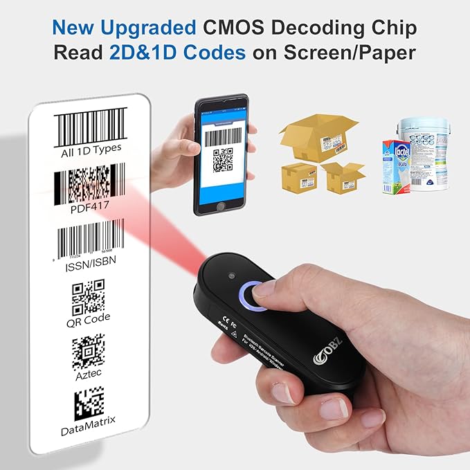 OBZ Mini Bluetooth Barcode Scanner, 2D Wireless Barcode Scanner, Versatile Portable Handheld USB 1D 2D QR Code Scanner Work with Mac OS, Windows, iOS, Android Tablet, Phone, PC, POS (Upgraded Version)