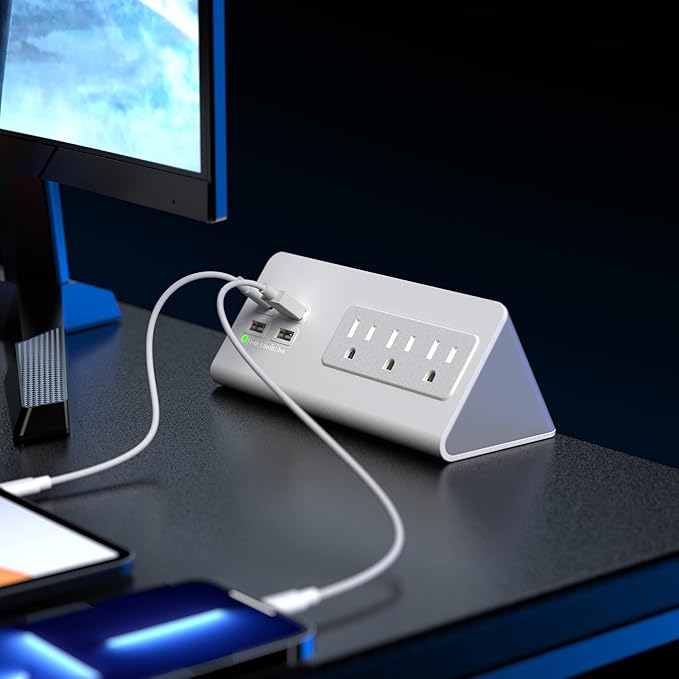 Nightstand Edge Mount Power Strip with USB-C Ports Tabletop Surge Protector Desk Clamp Power Sockets with 3 AC Outlets &4 Fast Charging USB Ports for Home Office Hotel and Dormitory (White(2-Pack))
