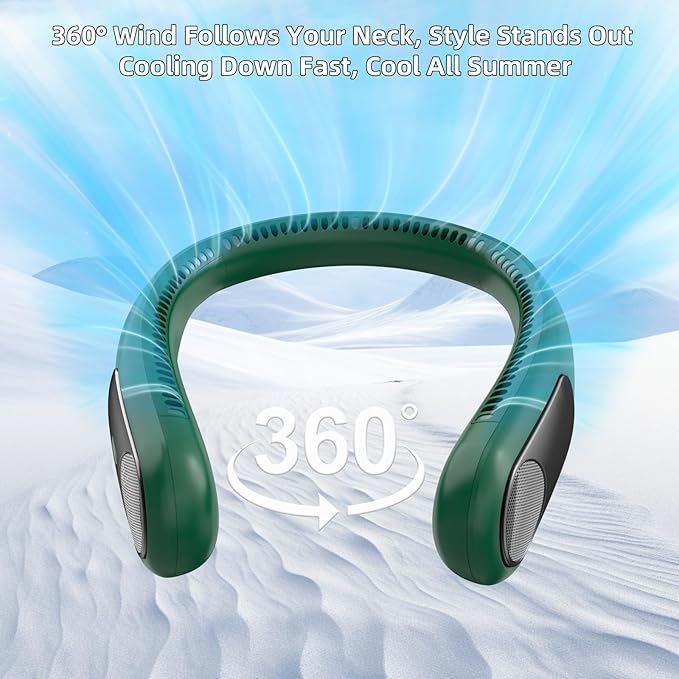 Portable Neck Fan,Personal Wearable Bladeless Fan,LED Display,4-Speeds,6000mAh USB Rechargeable,360° Strong Cooling Wind,Hands Free,White Elephant Gift,Christmas Gifts for Men Women (Dark green)