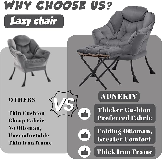 Lazy Chair with Ottoman, Comfy Reading Chair, Darkgrey | Cushioned Seat with - Image 4
