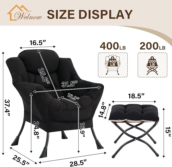 Welnow Lazy Chair with Ottoman, Reading Chair with Footrest, Foldable Footrest - Image 3