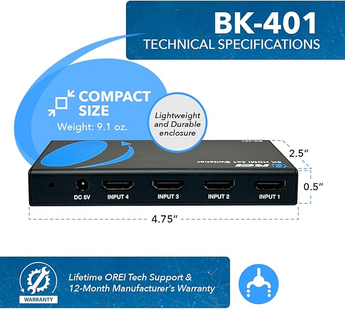 OREI 8K 4x1 HDMI 2.1 Switch 4K @ 120hz Switcher 4 in 1 Out, Support HDR, HDR10, Dolby Vision, HLG 48Gbps for Xbox Series X PS5 Roku Fire TV Monitor Projector Dolby