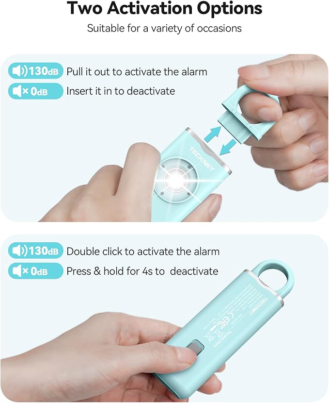 TECKNET Rechargeable Personal Safety Alarm for Women, 2-Pack 130dB Personal Alarm with SOS Strobe Light, Low Battery Notice, Keychain Alarms Loud Siren for Girls Kids Elderly