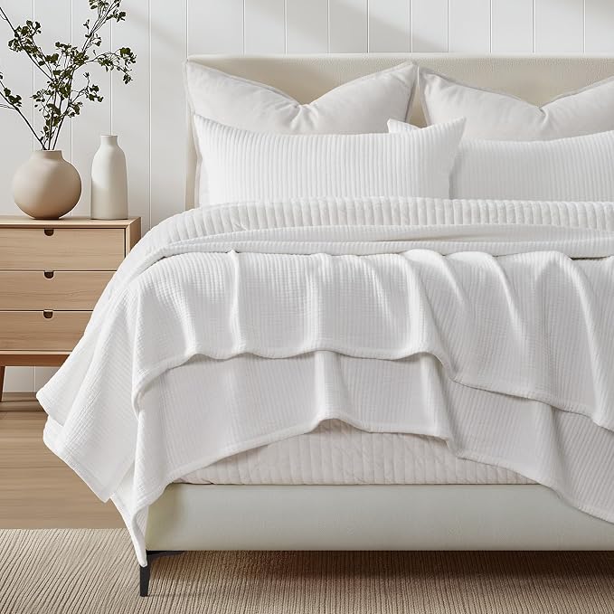 EVERGRACEHOME Cotton Gauze Matelassé Coverlet, Queen Size, Ivory White | Ultra - Image 6