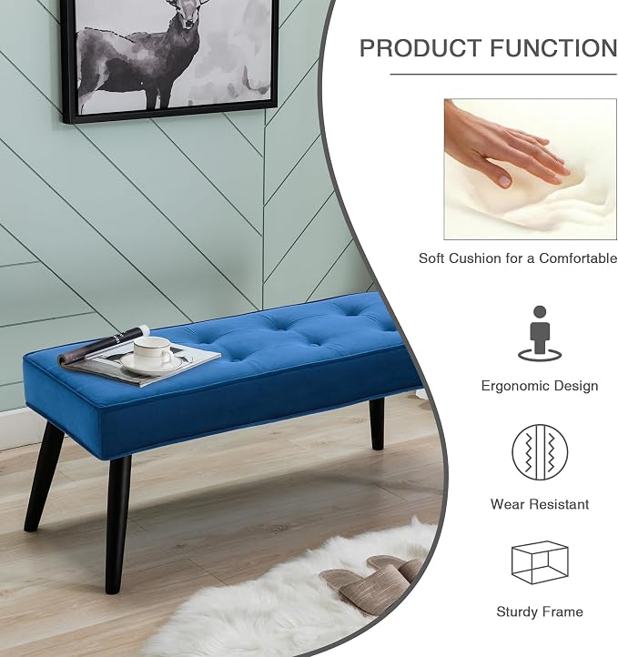 LOULENS Entryway Bench, Dark Blue | Wood Legs, Button Tufted, Upholstered Bench - Image 6