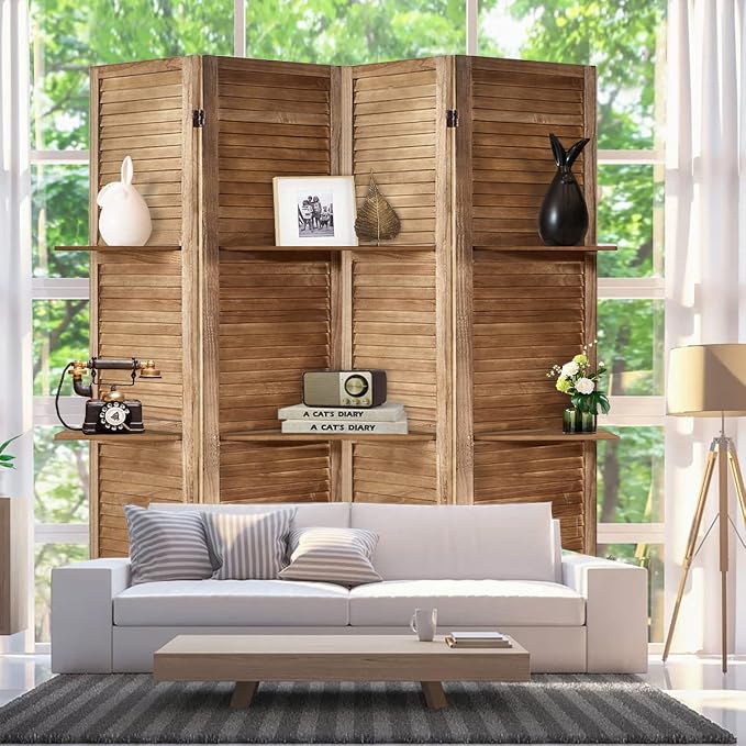 Room Divider with Shelves, 4 Panel Brown Privacy Screen | Partition Room - Image 9