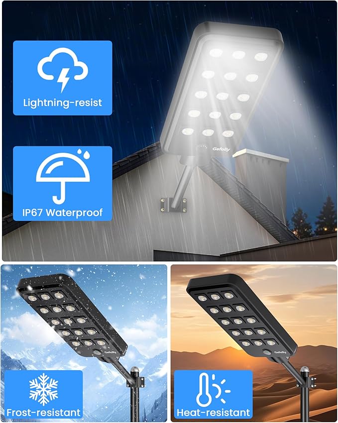 Gefolly G-15000W Solar Street Light Outdoor, Wide Angle Commercial Parking Lot Light Dusk to Dawn 6500K IP67 Flood Security with Motion Sensor Lamp for Yard, Basketball Court