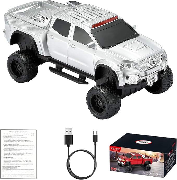 WSTER WS-X65 Pickup Truck Replica Bluetooth Speaker – HD Sound, FM Radio, TWS Stereo, LED Party Lights, USB/TF Playback, Built-in Mic – Cool Portable Car Design Speaker for Outdoors & Home (Silver)
