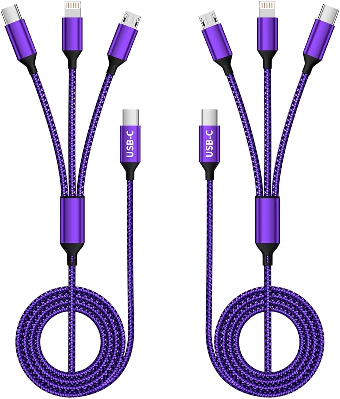 USB C Multi Charging Cable, (2 Pack 4FT), 3 in 1 Charging Cable Nylon Braided Universal Charger Cable with Type-C, Micro USB,IP Port for iPhone16/15 Series/Cell Phones & Pads and Other Devices-Purple