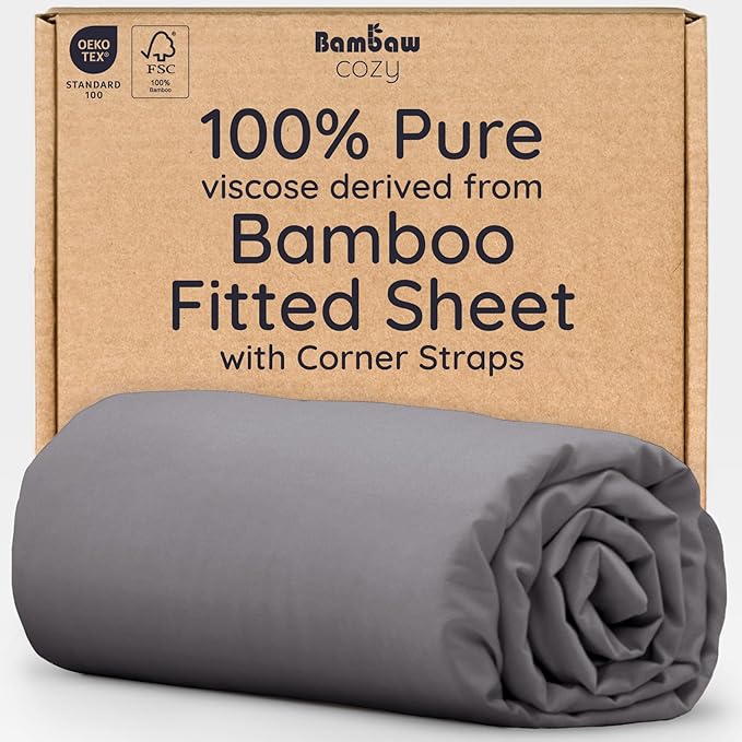 Bambaw 100% Viscose Derived from Bamboo Fitted Sheet Only, Soft Fitted Sheet Queen Size, Cooling Fitted Sheet with Straps, Deep Pocket Bottom Queen Fitted Sheet Only Fits Up to 16’’ (Dark Gray)