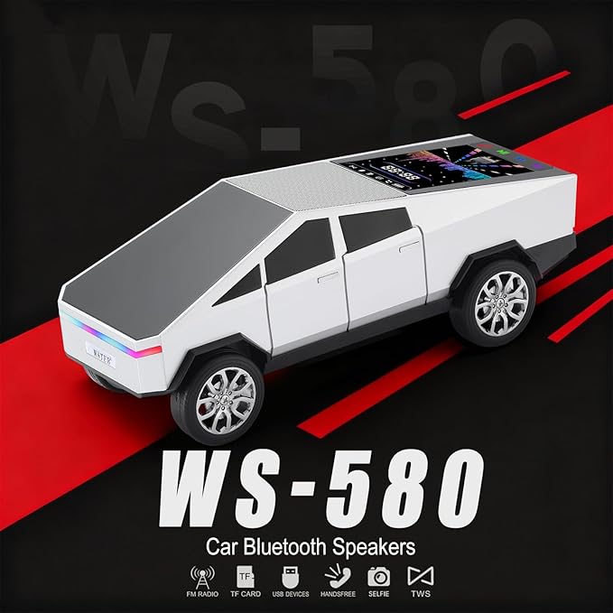 Futuristic Pickup Truck Bluetooth Speaker with LED Display Screen – Practical Gift Choice for Car Model Fans & Audio Users, TWS Stereo, FM Radio, USB/TF Playback, Front LED Headlights, Mic(Silver)