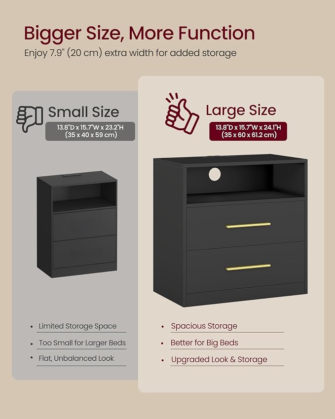 VASAGLE 23.6 Nightstands, LED Lights, Charging Station, 2 Drawers | LED Lights - Image 7