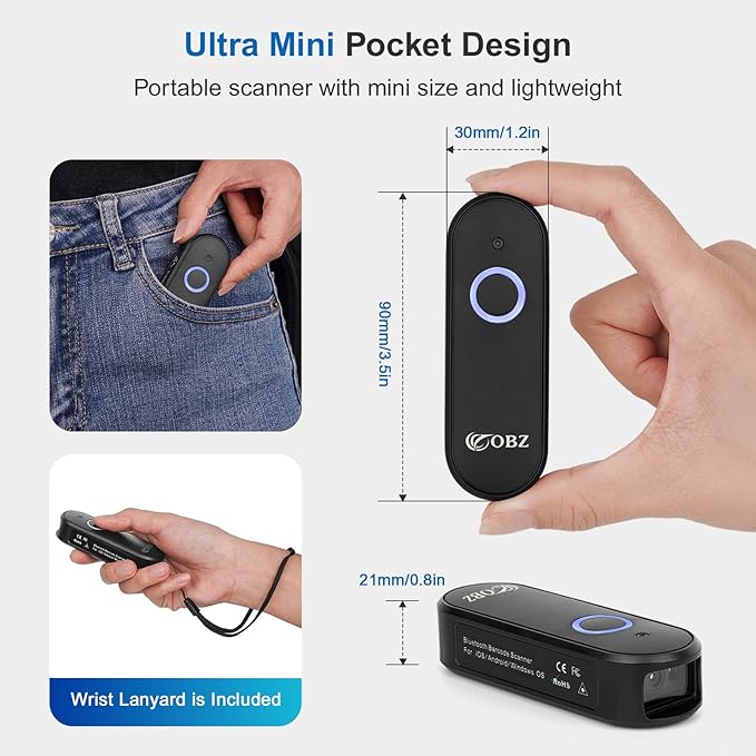 OBZ Mini Bluetooth Barcode Scanner, 2D Wireless Barcode Scanner, Versatile Portable Handheld USB 1D 2D QR Code Scanner Work with Mac OS, Windows, iOS, Android Tablet, Phone, PC, POS (Upgraded Version)