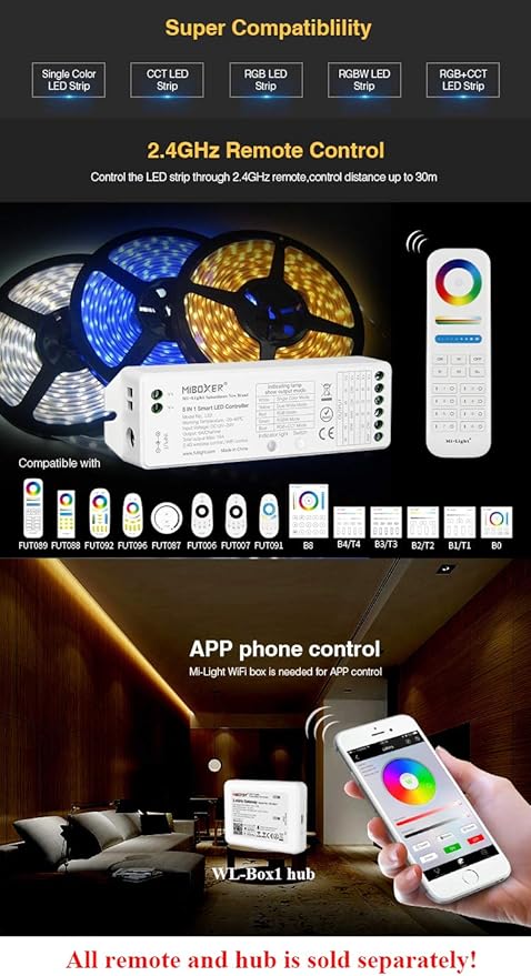 LGIDTECH LS2 LED Strip Lights 5 in 1 Controller,Compatible with Single Color,RGB,RGBW,WW+CW,RGB+CCT LED Strip Lights,Smartphone APP Control via Gateway(Excluded)