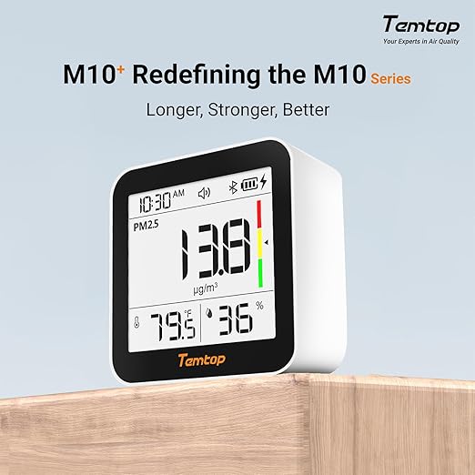 Temtop M10+ Indoor Air Quality Monitor, CO2 Monitor for Home, 6-in-1 PM2.5 & VOC Detector, E-Ink Display, 60-Day Battery, App-Connected Temperature & Humidity Sensor