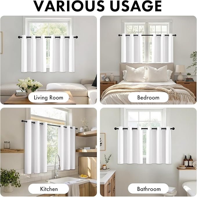 Short Pure White Blackout Kitchen Curtain W40 x L45 Inch 2 Panels | Thermal - Image 5