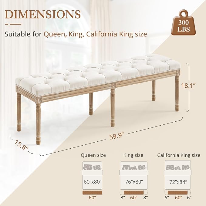 LUE BONA 60" Fabric End of Bed Bench, Upholstered Tufted French Bedroom Bench - Image 3