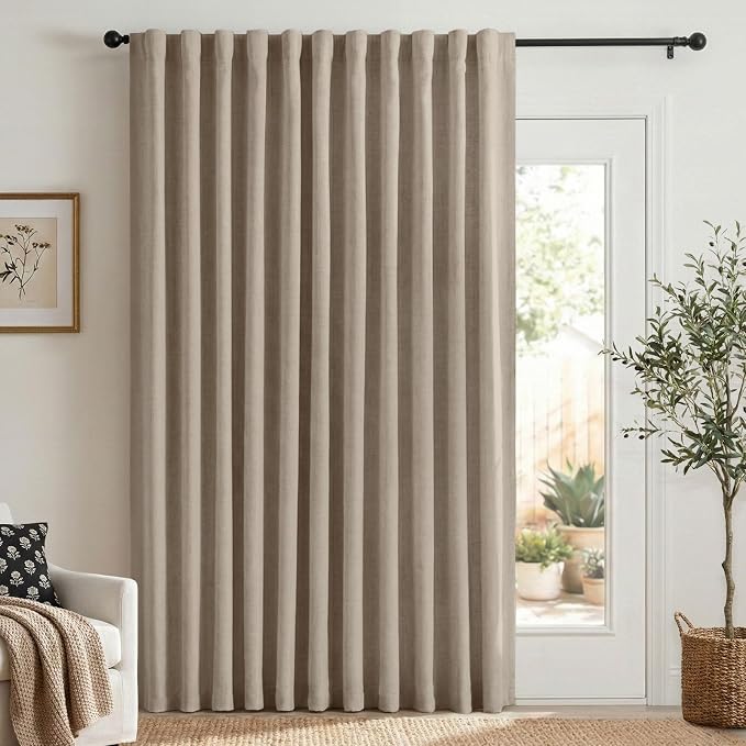 Linen Textured Blackout Sliding Door Curtains 96 Inch Long Burlywood Birch | by 100BlackoutShield