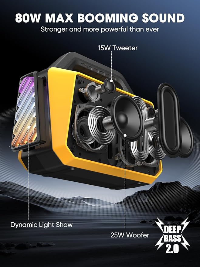 TPWIN Portable Bluetooth Speakers - Wireless Jobsite Speaker 80W Peak, TWS, Light Shows, Loud Speaker with Deep Bass, BT 5.3, IPX6 Waterproof, 20H Playtime for Outdoor Beach Camping Garage - Yellow