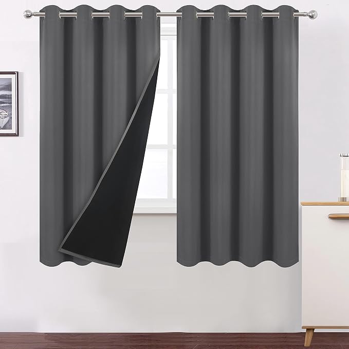 100% Blackout Grey Curtains 52 x 63 inch Long Set of 2 Panels Bedroom Curtains by Lemomo