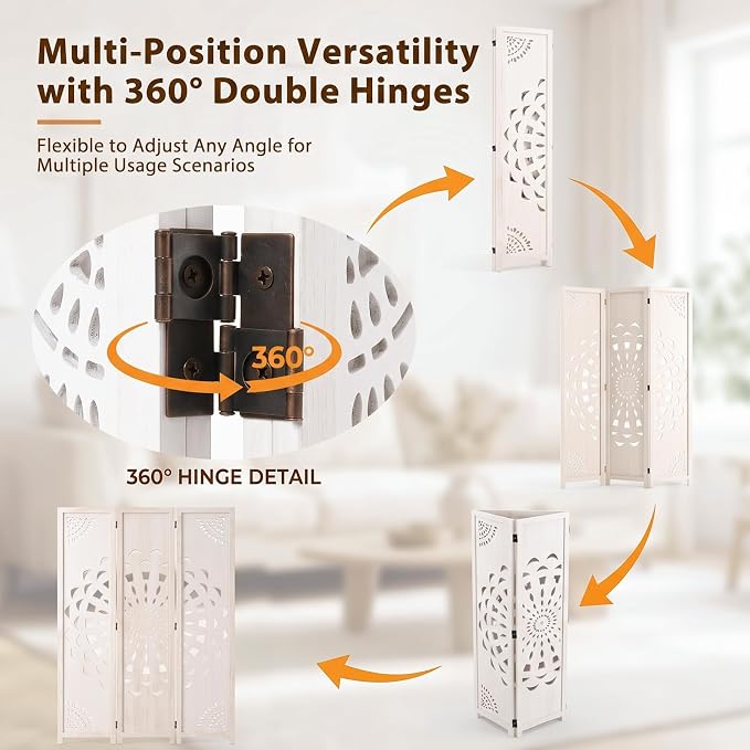 3 Panel Room dividers, 66.9" Boho Double-Sided Carved Screen, Freestanding - Image 4