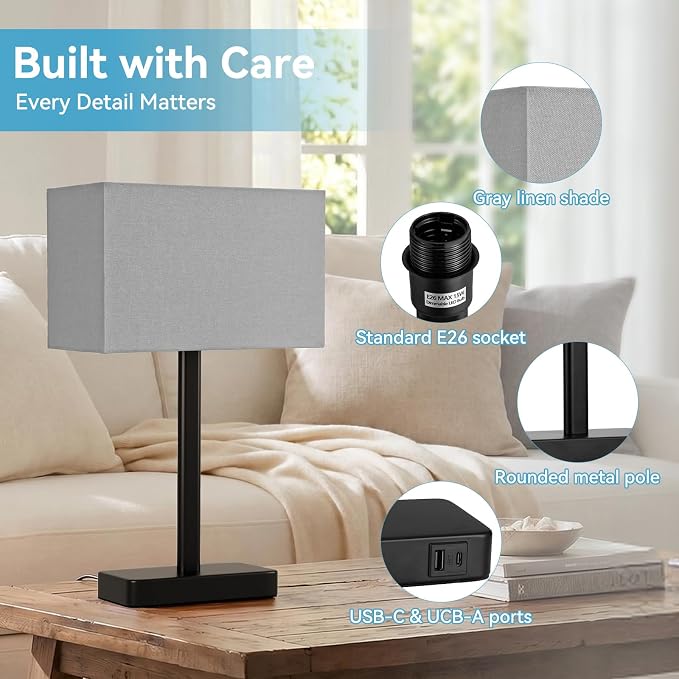 Touch Lamps for Bedroom, 3 Way Dimmable Grey Bedside Table Lamps Set of 2 | USB - Image 4