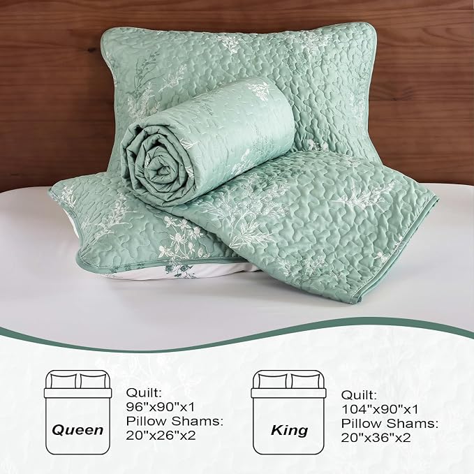 DJY King Size Sage Green Botanical Quilt Set, Floral Bedspread Coverlet | - Image 7
