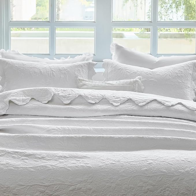 Brandream White Quilt Set King Size Quilt Bedding Set Cotton Luxury Matelasse - Image 8