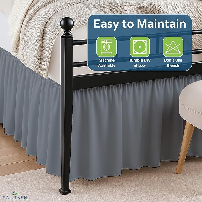 Rajlinen Ruffled Bed Skirt Queen, 24 Inch Drop Dust Ruffle with Split Corners, 100% Microfiber Bedskirt with Platform, Three-Sided Coverage Ruffled Gathering Design, Dark Grey