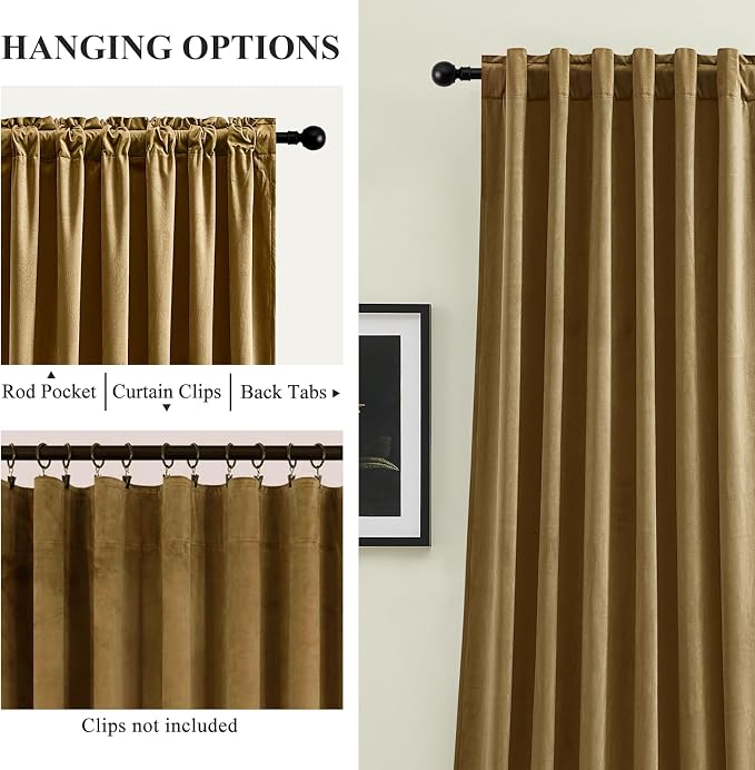 84 Inch Gold Velvet Curtains for Bedroom Back Tab Drapes Thermal Insulated | - Image 2